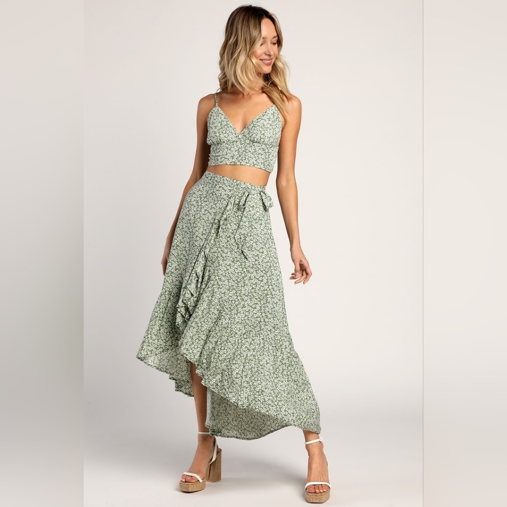 Botanik Studio Floral Sage Green Wrap Skirt Crop Top Set